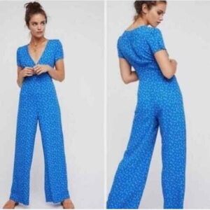 Free People Mia Blue Floral Bud Polka Dot Short Sleeve V-Neck Wide Leg Jumpsuit